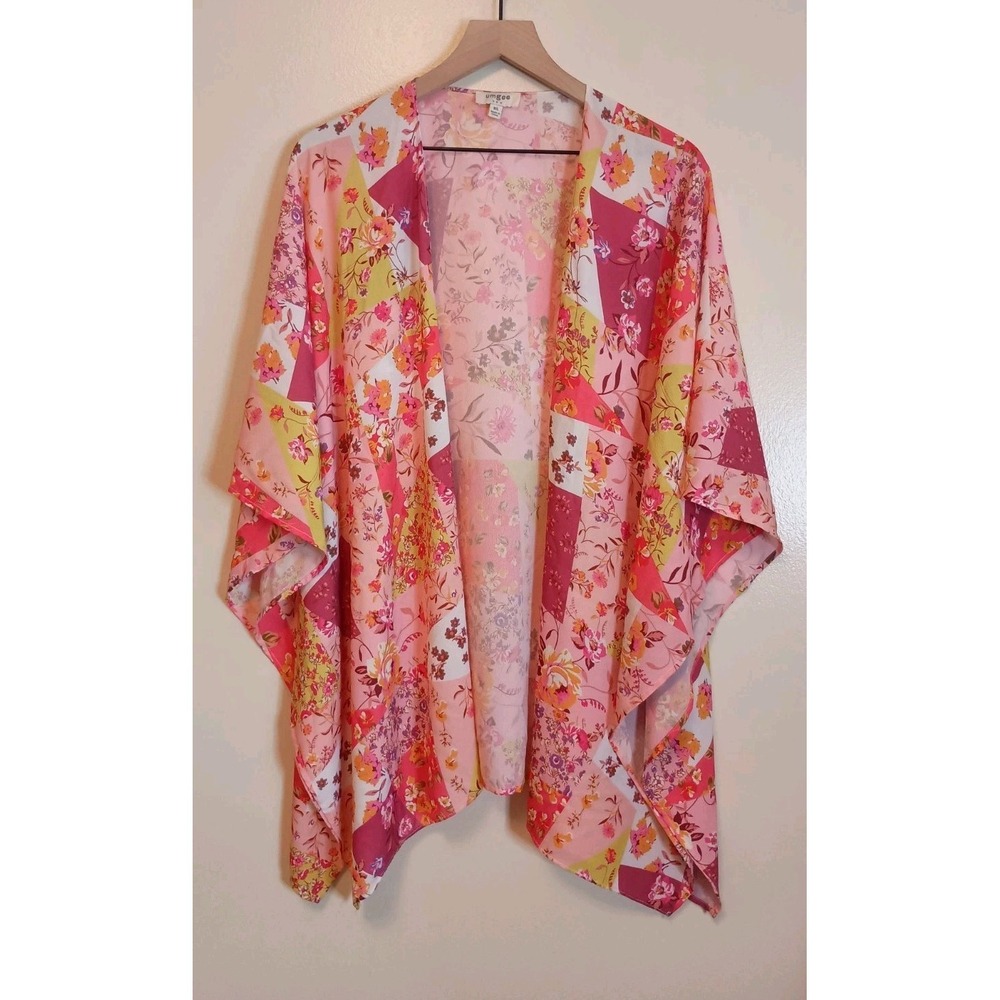 Umgee Pink Patchwork Floral Kimono Boho Lightweight Open Front M/L